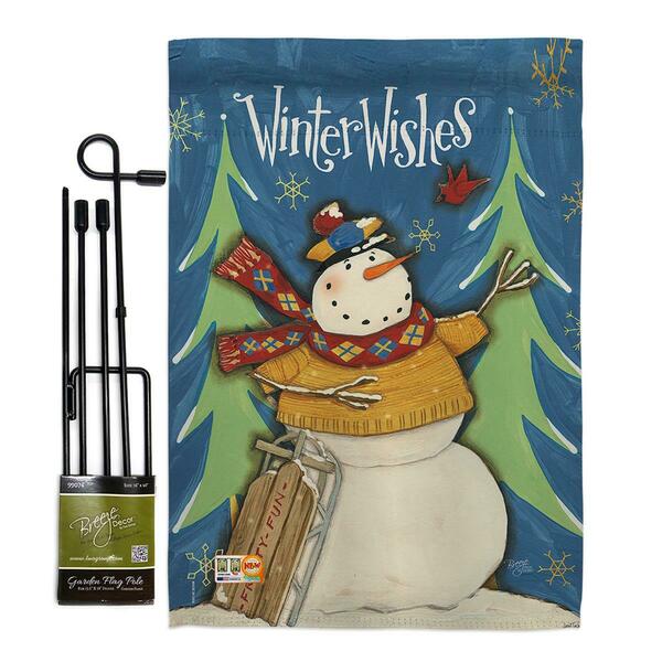 Gardencontrol 13 x 18.5 in. Winter Wishes Snowman Wonderland Vertical Double Sided Garden Flag Set w/Banner Pole GA4099995